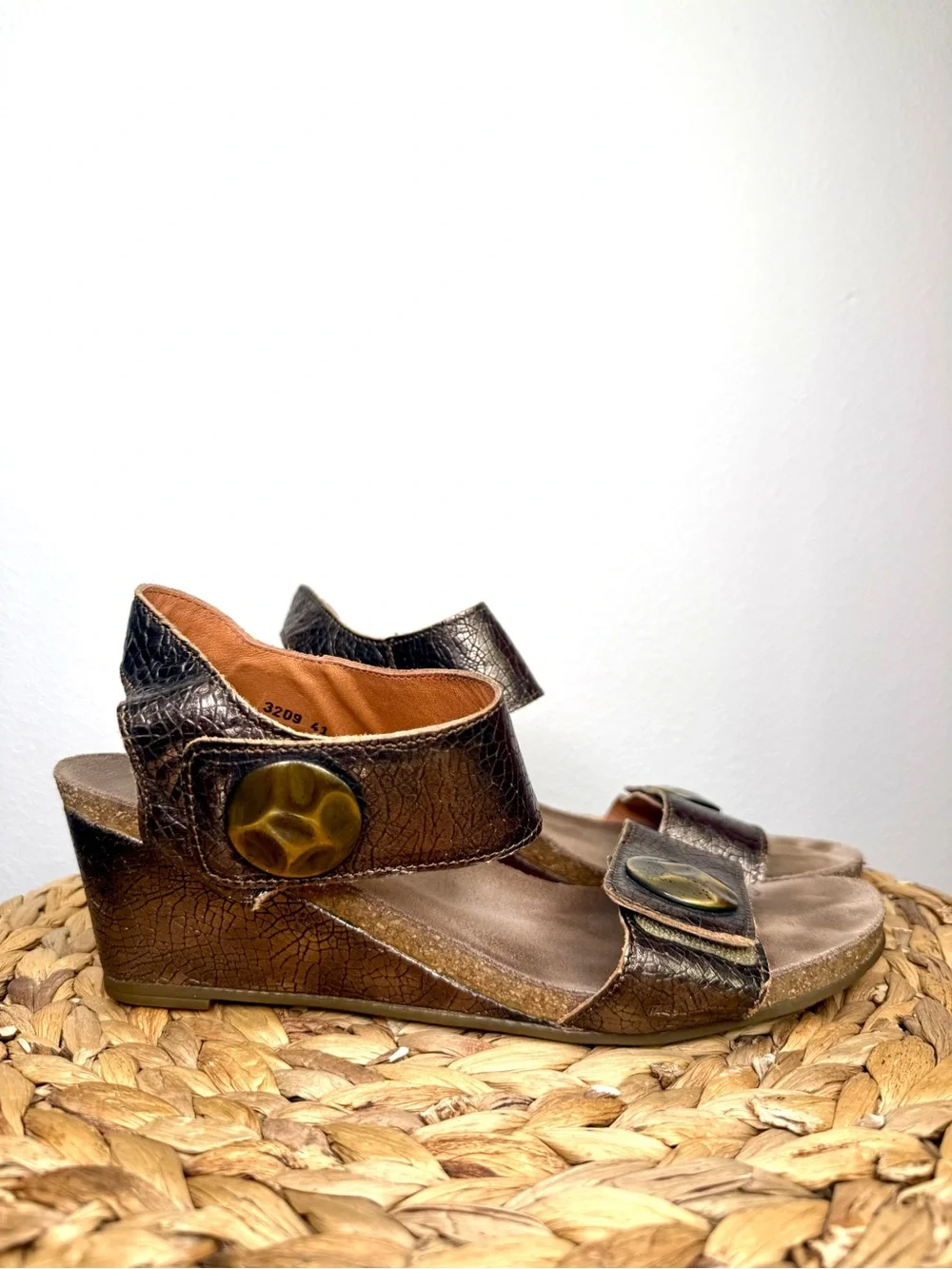 Taos Carousel 2 Sandal Metallic Bronze Leather Wedge Sandals Button Comfort